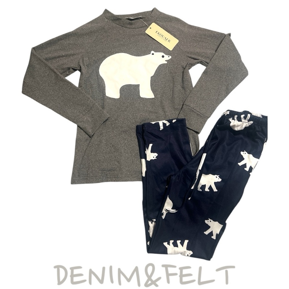 NEW Ekouaer Kids Polar Bear Pajama Set Grey Navy Blue Long Sleeve Size 130 6-7Y